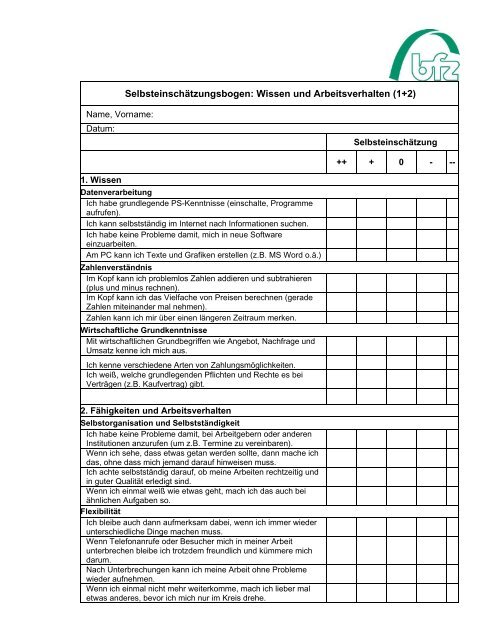 Fragebogen zur SelbsteinschÃ¤tzung: Wissen und Arbeitsverhalten