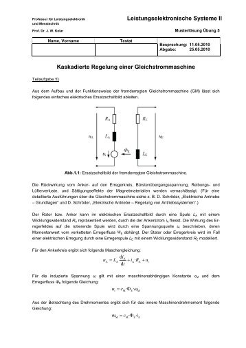 Kaskadierte Regelung einer Gleichstrommaschine, Musterlösung