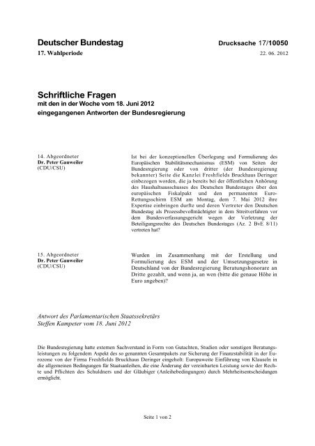 Schriftliche Fragen - Dr. Peter Gauweiler