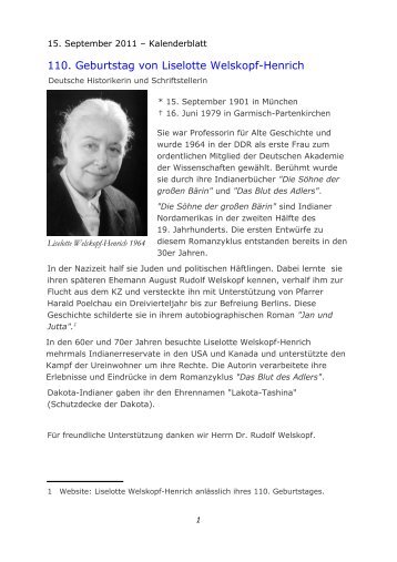 110. Geburtstag von Liselotte Welskopf-Henrich