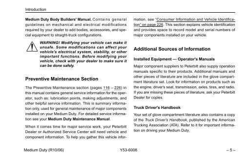 Peterbilt Medium Duty Trucks Operator's Manual after 1-07