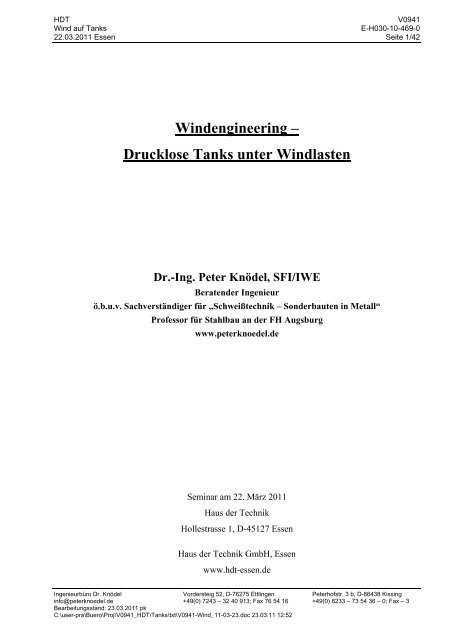 Drucklose Tanks unter Windlasten - IngenieurbÃ¼ro Dr. KnÃ¶del