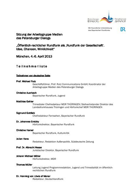 Teilnehmerliste AG Medien München2013 - Petersburger Dialog