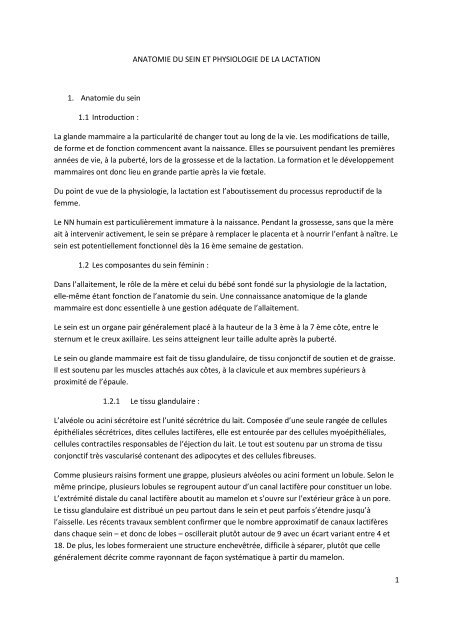 1 ANATOMIE DU SEIN ET PHYSIOLOGIE DE LA ... - Petit Fichier