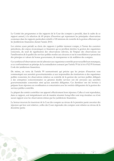 Rapport da la cour des comptes 2010 (Tome 1) - Transparency