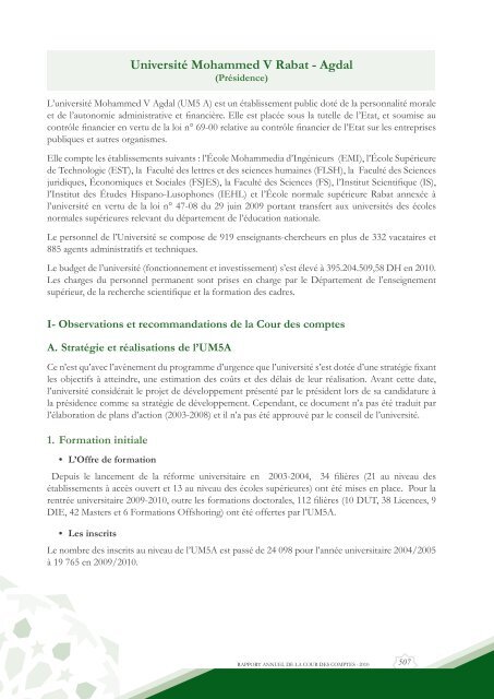 Rapport da la cour des comptes 2010 (Tome 1) - Transparency