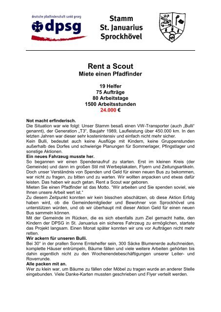 Flyer St. Jauarius SprockhÃ¶vel Rent a scout 1 - Stiftung DPSG