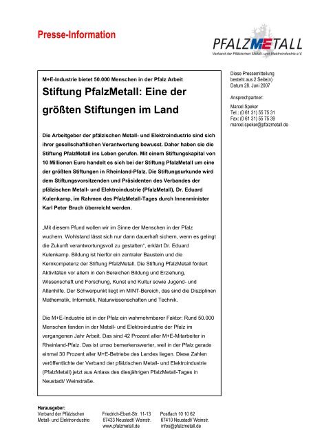 Presse-Information Stiftung PfalzMetall: Eine der größten Stiftungen ...
