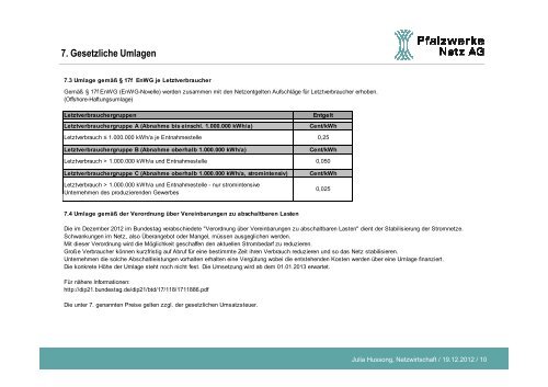 Pfalzwerke Netz AG Netznutzungsentgelte 1. Januar 2013