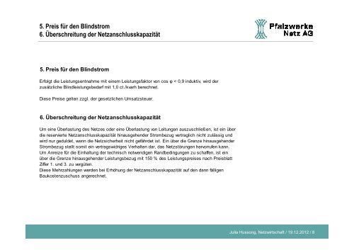 Pfalzwerke Netz AG Netznutzungsentgelte 1. Januar 2013