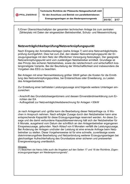 01/10 1/17 Inhaltsverzeichnis Allgemeines ... - Pfalzwerke