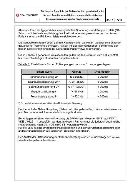 01/10 1/17 Inhaltsverzeichnis Allgemeines ... - Pfalzwerke