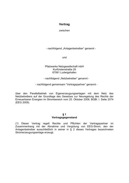 Vertrag A Ber Die Einspeisung Elektrischer Energie Pdf Pfalzwerke