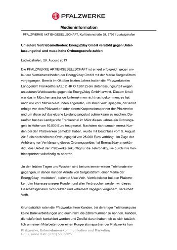 Energy2day GmbH verstößt gegen Unterlassungstitel ... - Pfalzwerke