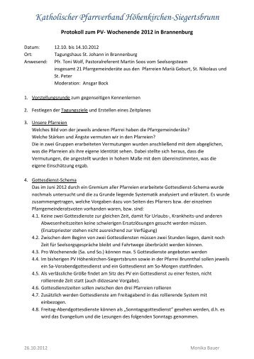 Protokoll zum PV - Pfarrverband HÃ¶henkirchen-Siegertsbrunn