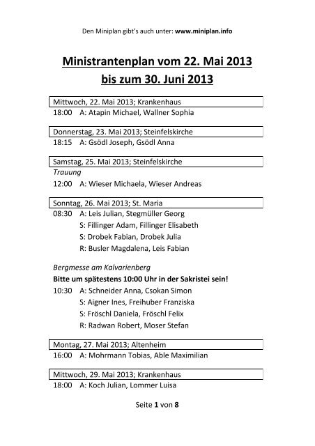 Ministrantenplan vom 22. Mai 2013 bis zum 30. Juni 2013