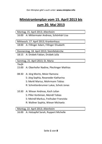 Ministrantenplan vom 15. April 2013 bis zum 20. Mai 2013