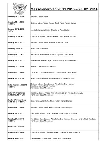 Messdienerplan fÃ¼r die Zeit vom 01.05.2013 bis 28.05 2013 Holte ...