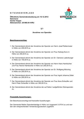 3 - Annahme von Spenden - Gemeinde Pfedelbach