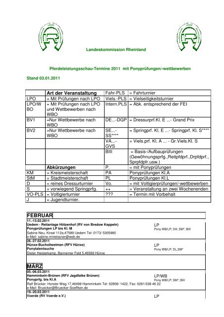 TerminÃ¼bersicht 2011PonyprÃ¼fungen - Pferdesportverband Rheinland