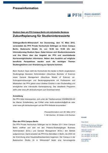 Pressemitteilung der PFH - PFH Private Hochschule GÃ¶ttingen