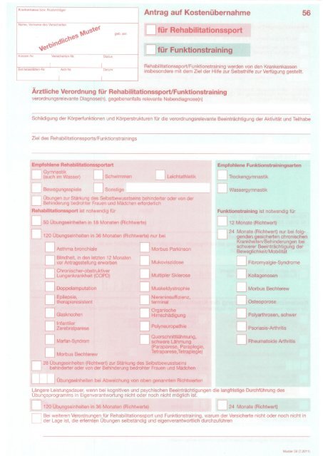 Antrag auf Kostenuebernahme fuer RehabilitationssportFunktionstraining