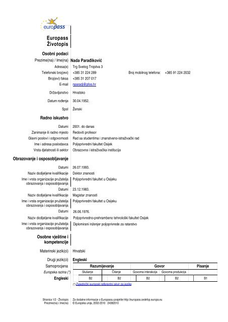 Europass-Curriculum Vitae - Poljoprivredni fakultet u Osijeku