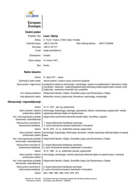 Europass-Curriculum Vitae - Poljoprivredni fakultet u Osijeku