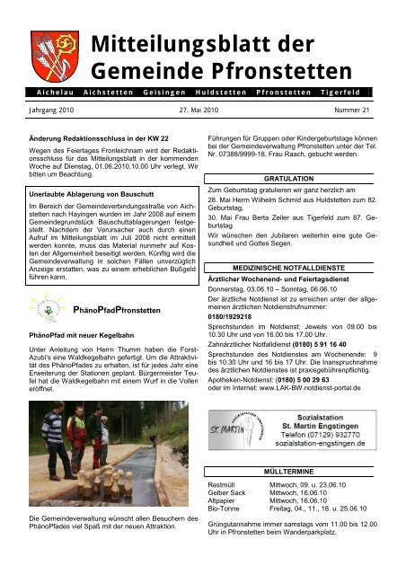 Mitteilungsblatt Nr. 21 vom 27.05.2010 - Pfronstetten