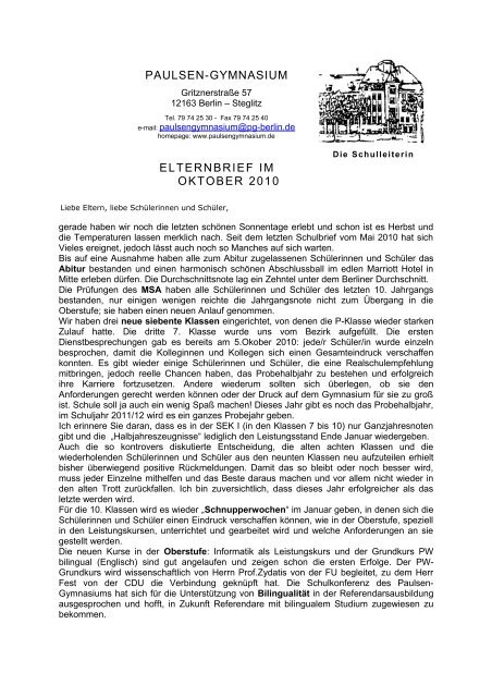 Schulbrief Oktober 2010 - Herzlich willkommen am Paulsen ...