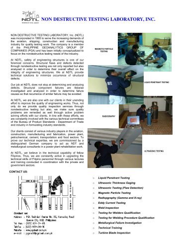 NON DESTRUCTIVE TESTING LABORATORY, Inc - Pgatech.com.ph