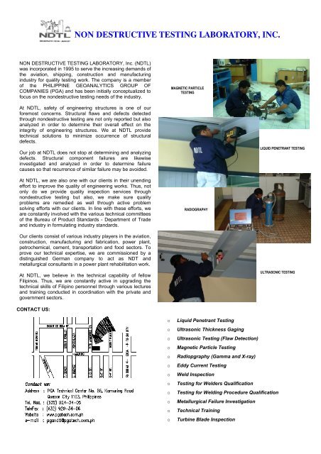 NON DESTRUCTIVE TESTING LABORATORY, Inc - Pgatech.com.ph