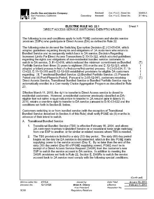 ELECTRIC RULE NO. 22.1 - Pacific Gas and Electric Company