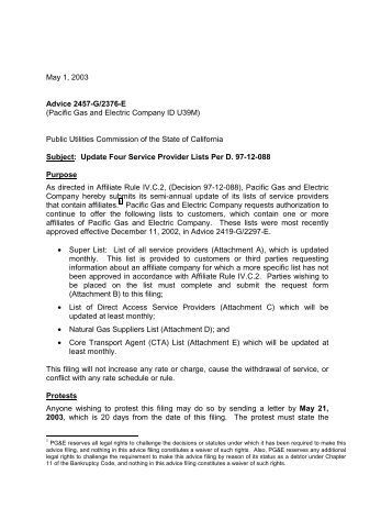 May 1, 2003 Advice 2457-G/2376-E (Pacific Gas and Electric ...