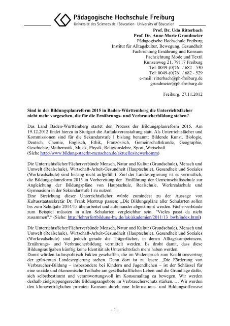 Positionspapier des Instituts für Alltagskultur  (PH) Freiburg