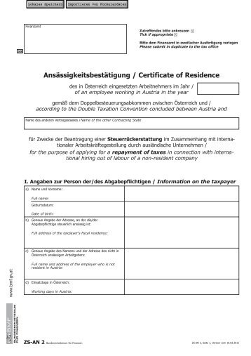 ZS - AN 2 -Ansässigkeitsbestätigung / Certificate of Residence ...