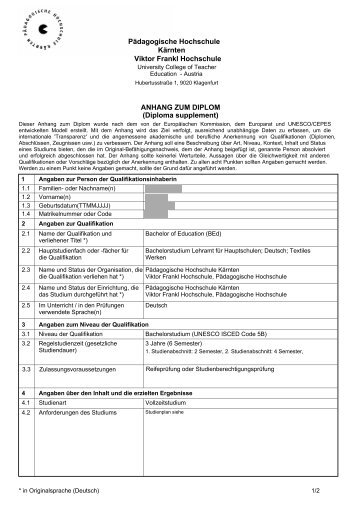 ANHANG ZUM DIPLOM (Diploma supplement) Pädagogische ...