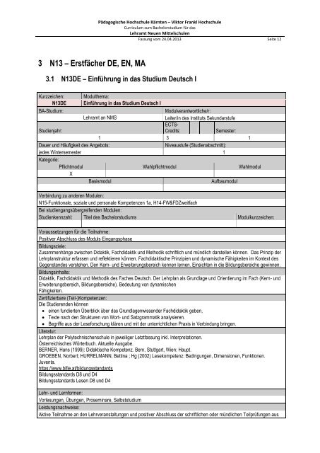 Curriculum zum Bachelorstudium für Hauptschulen / Neue ...