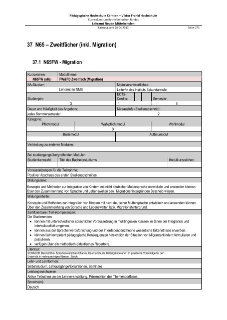 Curriculum zum Bachelorstudium für Hauptschulen / Neue ...