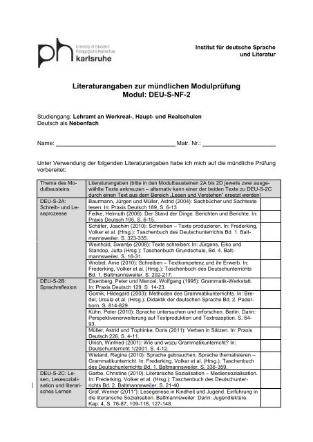 Literaturangaben zur mündlichen Modulprüfung Modul: DEU-S-NF-2