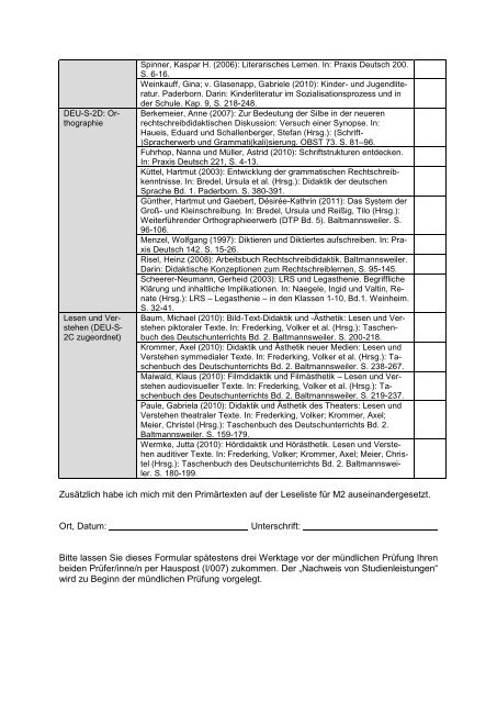 Literaturangaben zur mündlichen Modulprüfung Modul: DEU-S-NF-2