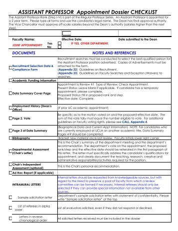 ASSISTANT PROFESSOR Appointment Dossier CHECKLIST