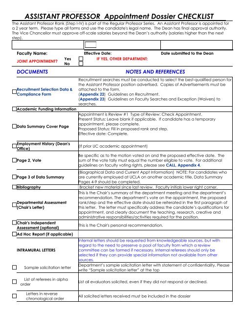 ASSISTANT PROFESSOR Appointment Dossier CHECKLIST