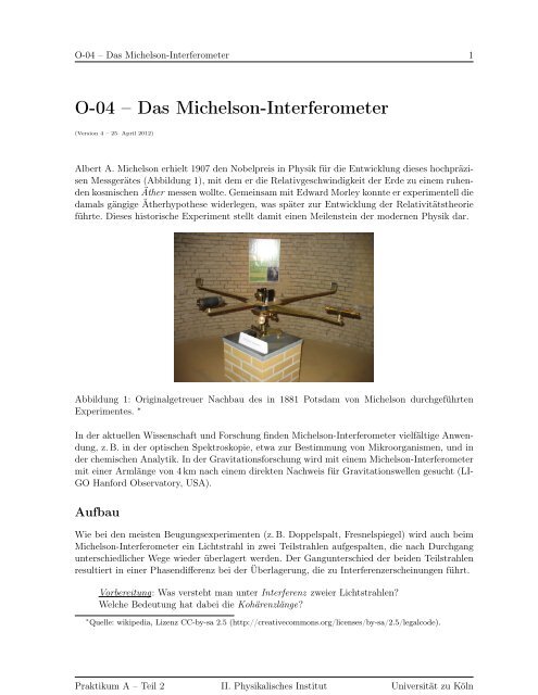 O-04 – Das Michelson-Interferometer - II. Physikalisches Institut ...