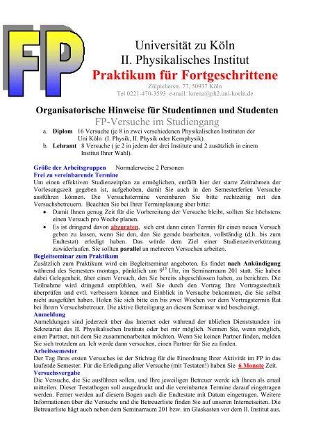 Allgeneine Hinweise zum Praktikum - II. Physikalisches Institut