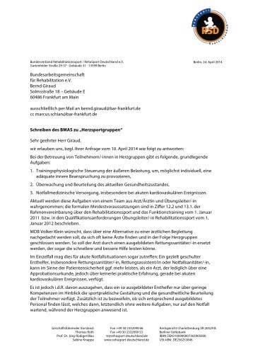 Ärztliche Betreuung von Herzsportgruppen - RSD e.V. - 04/2010