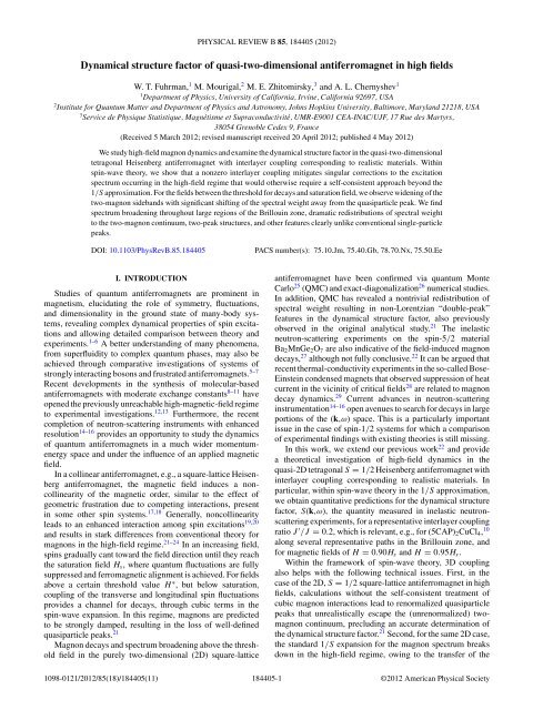 Dynamical structure factor of quasi-two-dimensional antiferromagnet ...