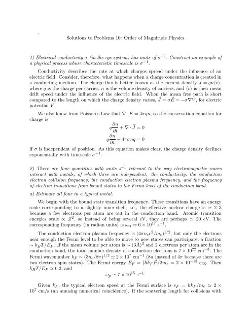 Solutions to Problems 10: Order of Magnitude Physics 1) Electrical ...
