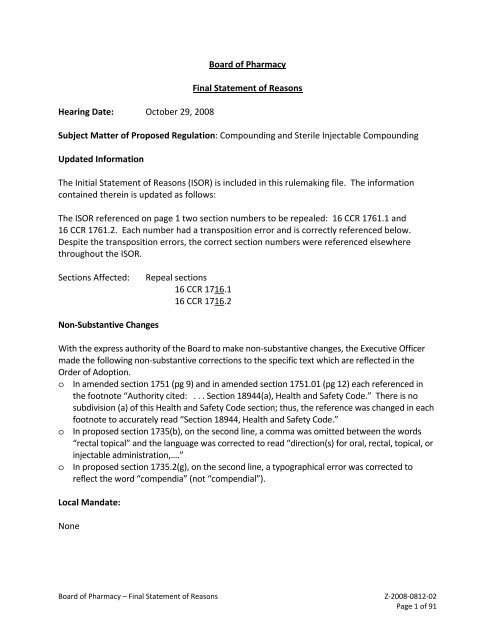 Final Statement of Reasons - Board of Pharmacy - State of California