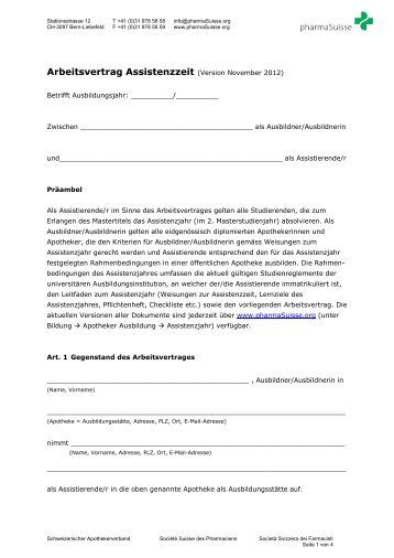 Arbeitsvertrag Assistenzzeit (Version November 2012) - pharmaSuisse